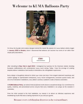 “Welcome to Kuma Balloons Party” founder story section with the owner’s portrait
