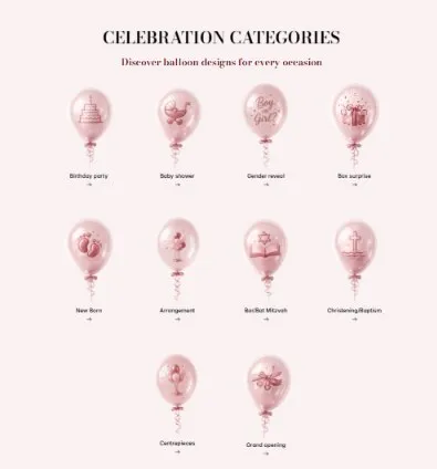 Celebration categories section with pink balloon icons for birthdays, baby showers, gender reveals and more