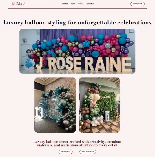 Home page of the Kuma Balloons Party website designed by Irina K — luxury balloon installations in Brooklyn, NY