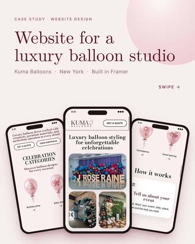 Mobile version of the Kuma Balloons website shown on three smartphones