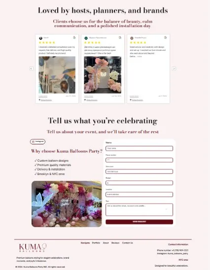 Google reviews carousel and event quote request form on the Kuma Balloons website